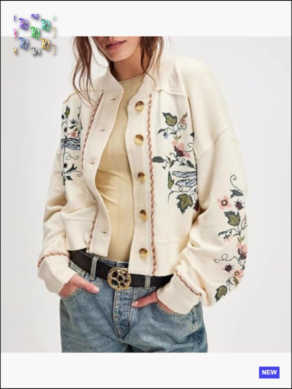Women Chunky Knit Cardigan Embroidered Button Down Crop Sweatshirt Jacket Fall - Picture 2 of 5